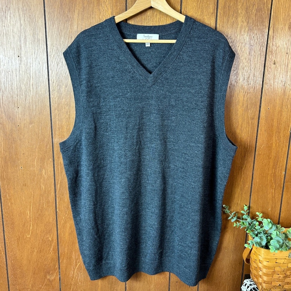 Turnbury Mens Dark Gray V Neck‎ Sleeveless Merino Wool Sweater Vest 2XT